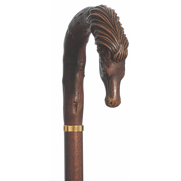 Cavallo Cane – Horse Head Walking Cane with Beechwood Shaft and Nickel-Plated Brass Ring - Deutsche Optik