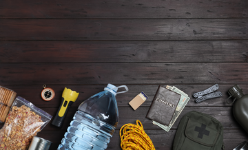 Emergency Preparedness supplies on a table.