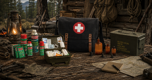 Military medical kit collection with German medic bag, first aid kit, BALLISTOL oil, apothecary bottles, and ammo can