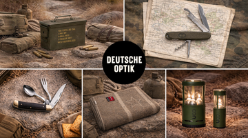 ammo can, map with multi-tool, utensil knife with crackers, wool blanket, and two glowing lanterns on rocks.
