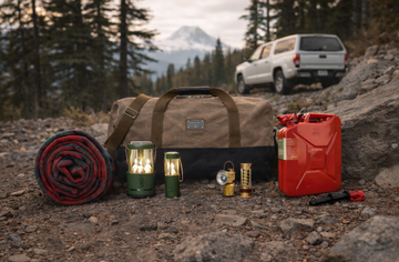 Camping gear on a rocky mountain road with a duffel bag, lanterns, red fuel can, and white pickup near a snow-capped peak.