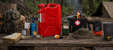 Complete survival and bushcraft gear kit for wilderness camping with water filter, Wavian jerry can, lantern, compass, cookset, medic bag, and mosquito net