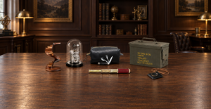 Useful gifts for men, including a brass oil bottle, pocket magnifier, and vintage German rail sign