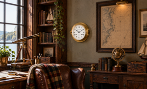 Vintage brass spyglass, journal, and candle on a wooden table