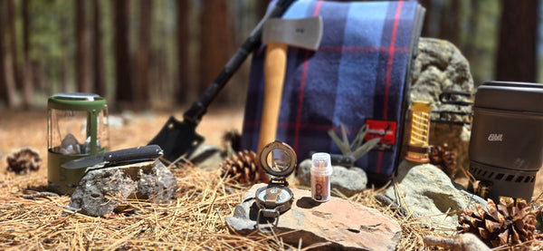 Survival gear laid out in a pine forest.