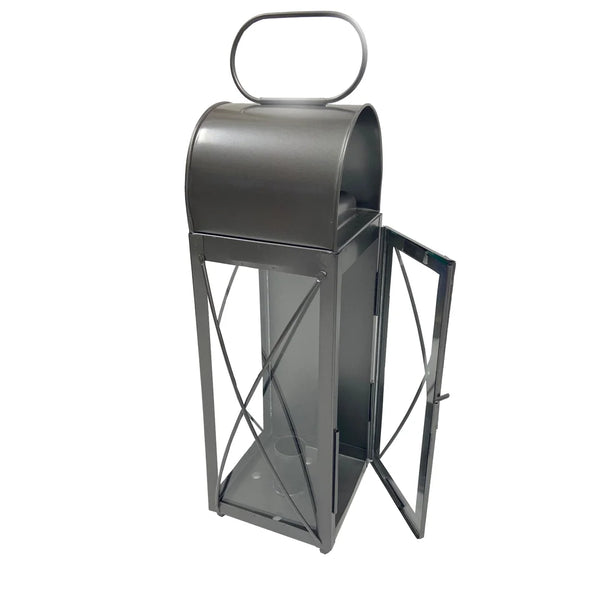15″ Gaoler’s Antiqued Tin Lantern with Glass Panels | Early American Candle Lantern