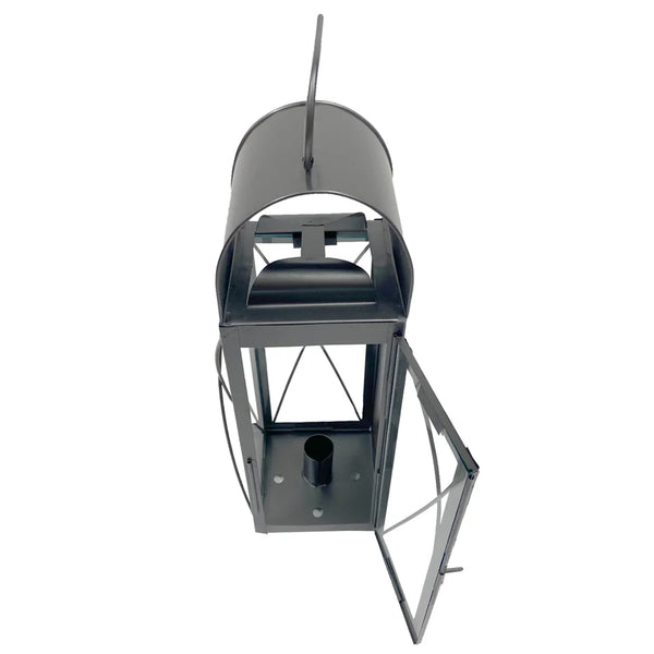 15″ Gaoler’s Antiqued Tin Lantern with Glass Panels | Early American Candle Lantern