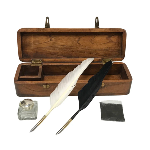 12″ Colonial Wood Quill Pen Box w/ Accessories | Portable Writing Reproduction Set