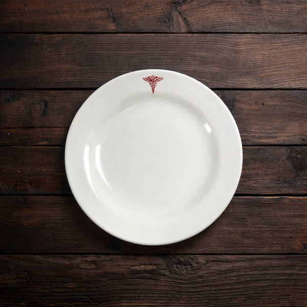 Homer Laughlin Hospital Service Plate – Red Band with Caduceus Crest