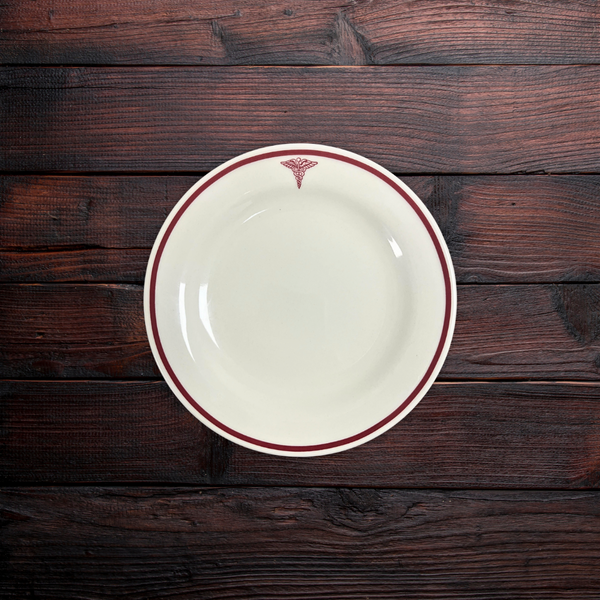 Homer Laughlin Hospital Service Plate – Red Band with Caduceus Crest